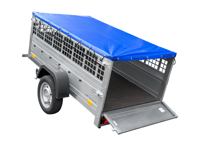 Remorque grillagée 200×106 avec bâche plate bleue, ridelles grillagées et roue jockey – Garden Trailer 200 KIPP – Image 6