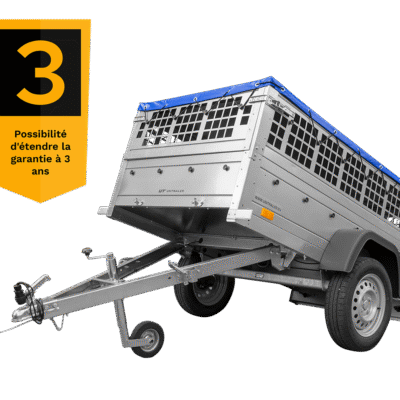 Remorque grillagée 200×106 avec bâche plate bleue, ridelles grillagées et roue jockey – Garden Trailer 200 KIPP